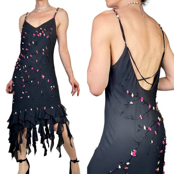 Cache Dresses & Skirts - Cache silk rosette beaded slip dress prom gown ruffle formal cocktail floral M